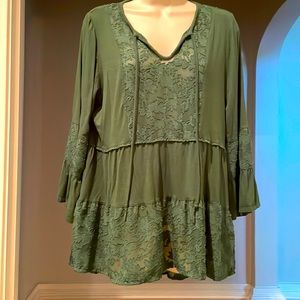 Pretty lace accented blouse. Tie and  V neck . Cute butterfly sleeves